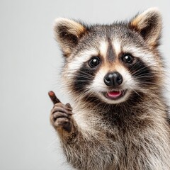 Obraz premium The raccoon is smiling and pointing his finger to the side. Space for text. Plain background