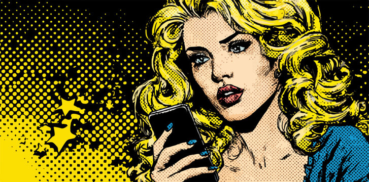 Kobieta w stylu komiksowym trzymająca smartfon, z wyraźnym wzorem w stylu pop-art.