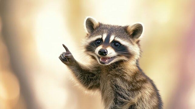 The raccoon is smiling and pointing his finger to the side. Space for text. Plain background - Powered by Adobe