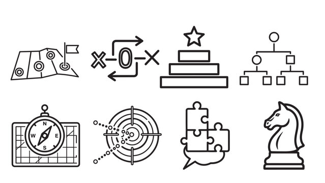 Strategy And Goals Black Vector Icons Sheet — Trophy, Target, Chess And Timeline Symbols For Business Planning Dashboards