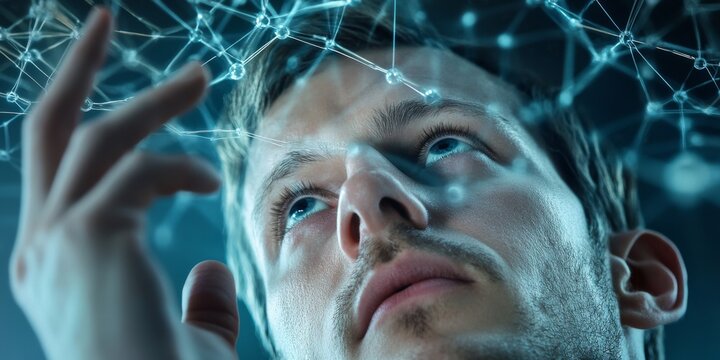 Businessman exploring global network of digital connections in futuristic environment