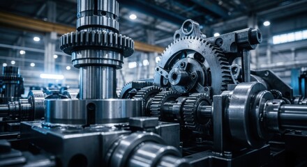 Industrial Machinery Gears: Close-up of Complex Metal Gears and Cogs in a Manufacturing or Engineering Environment for Industry and Mechanical Power