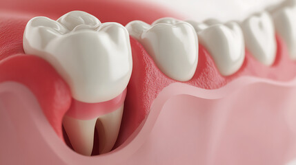 Dental display of healthy gums and pearly white teeth showcases oral hygiene. It highlights anatomy and prevention, ideal for educational content, dental health promotion.