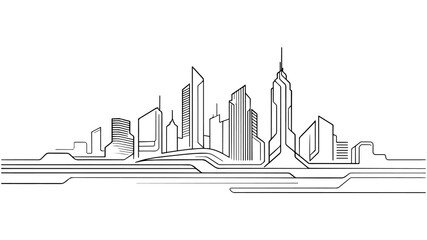 Obraz premium Modern City Skyline Line Art Illustration with Futuristic Urban Architecture and Minimal Continuous Line Style