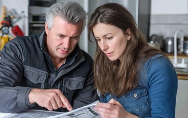 Medium shot of a technician explaining plans to a woman in a casual setting The focus is on collaboration and understanding of the document details