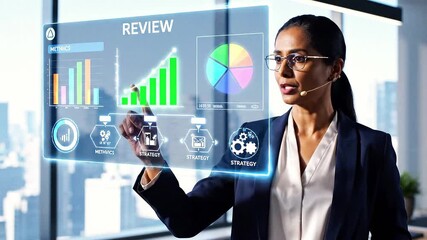 Professional in headset interacting with transparent digital screen showing business data and icons. - Powered by Adobe