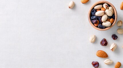 A top-down view of a wooden bowl filled with a variety of nuts and dried fruits, with more scattered around it on a white surface.