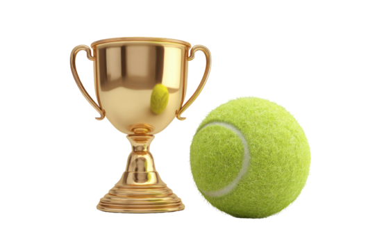 Golden tennis trophy and ball symbolize victory, achievement, and athletic excellence in sports isolated on white background png