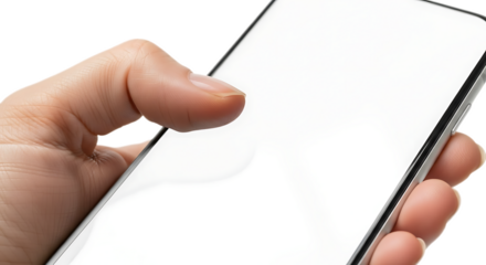 A hand holding a smartphone with a blank white screen ready for content insertion and interaction