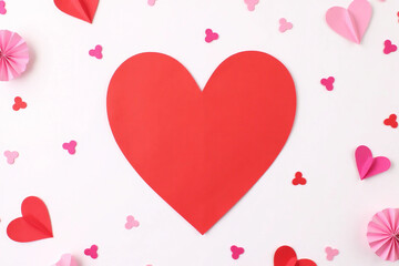 A large red heart surrounded by pink paper decorations and small heart-shaped confetti on a white background. 3d rendering.