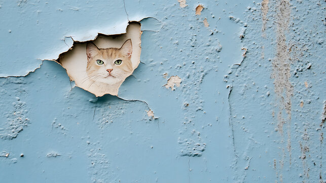 A curious cat peers through a hole in a weathered, peeling blue wall. The feline's gaze adds a touch of intrigue to the textured scene, creating an engaging visual narrative.