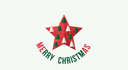 Obraz premium Festive red star adorned with small green and white christmas trees and merry christmas text below