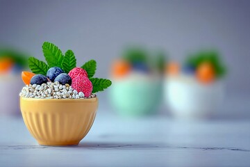 A close-up of a yellow bowl filled with granola, topped with fresh blueberries, raspberries, a slice of orange, and mint leaves.