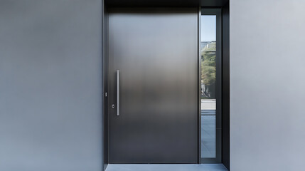 Minimalist entrance featuring a sleek gray door with a long, vertical handle, complemented by a narrow window. The design emphasizes clean lines and a contemporary aesthetic.