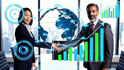 Two professionals shaking hands in modern office with glowing globe and data graphics overlay. - Powered by Adobe