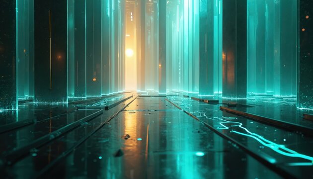 Futuristic digital landscape with translucent glowing pillars and reflective floor surface. Neon light lines trace paths on the ground suggesting data transfer or circuits.