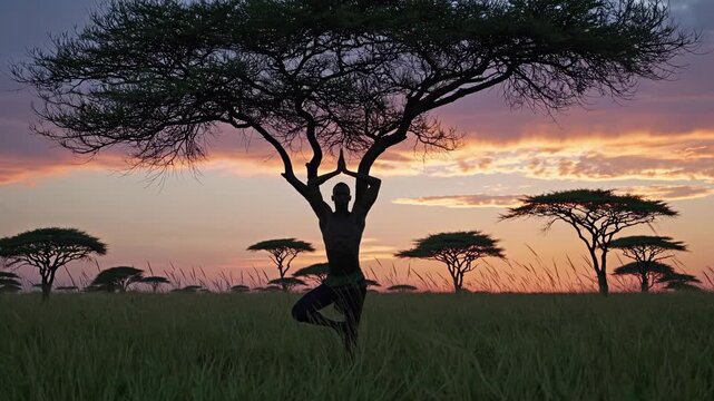 Yoga practice at sunset in festive atmosphere. Individual enjoys peace under tree with beautiful sky. Serenity through movement connects mind and body.