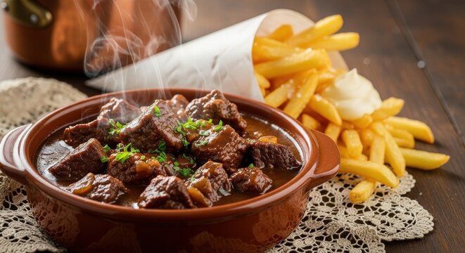 Hearty Belgian Stoofvlees met Frieten (Beef Stew with Frites) Steaming in Dish and Cone with Copy Space
