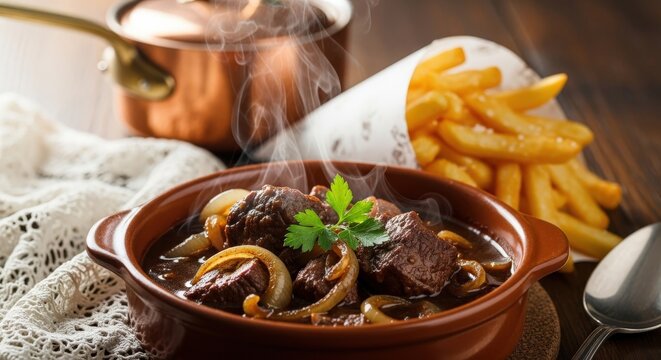 Hearty Belgian Stoofvlees met Frieten (Beef Stew with Frites) Steaming in Dish and Cone with Copy Space