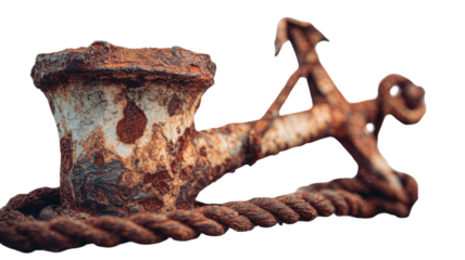 Close-up macro photo of a rusty iron metal anchor with brown rust and water against a wood backdrop