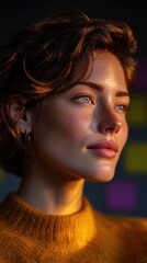 Young woman with expressive features in soft light.