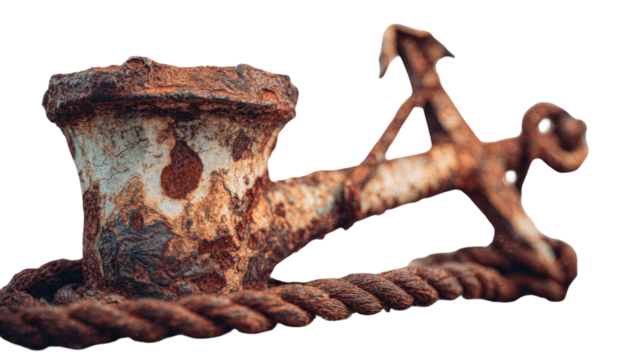 Close-up macro photo of a rusty iron metal anchor with brown rust and water against a wood backdrop