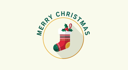 Festive christmas stocking with holly and berries inside a golden circle with merry christmas text