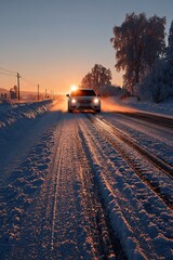 Obraz premium a car on a winter road in the morning