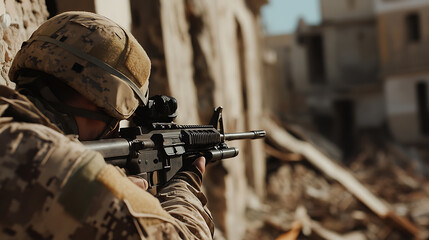 Fototapeta premium A camouflaged soldier aims in the debris of a war-torn landscape. Focused on the mission, he stands in solidarity, ready to defend his cause. The aftermath is chaos.