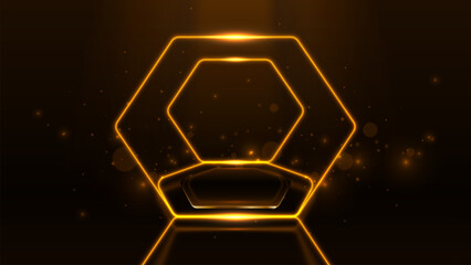 Black product display stand and gold light neon frame with glitter effect, bokeh decoration on dark background. Modern luxury scene design concept.