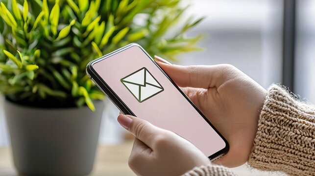 A close-up of a person's hands holding a smartphone displaying an email icon, with a plant in the background.