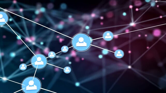 Abstract digital network visualization with interconnected user icons and glowing lines - Powered by Adobe