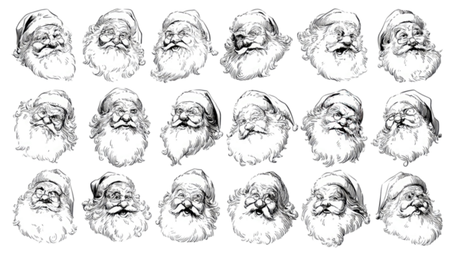 Cartoon vector illustration set of funny face expression sketches of Santa Claus on white background