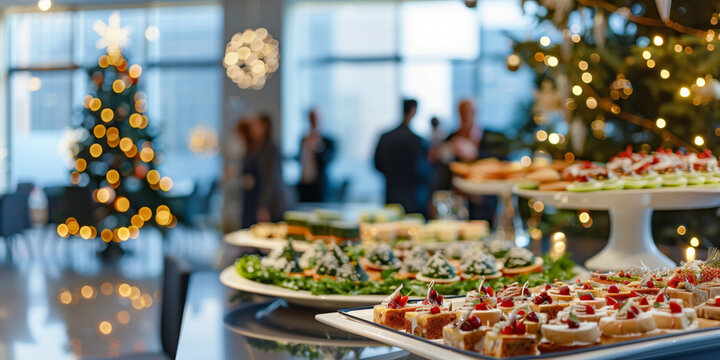 Corporate Christmas celebration in a modern office with a beautifully decorated dessert table. Assorted festive sweets and holiday pastries with blurred employees socializing near a Christmas tree