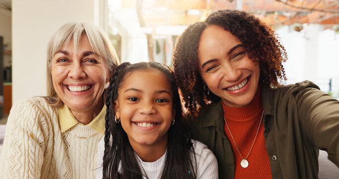 Portrait, selfie and family in house with smile, digital memory and bonding together on weekend. Happy, grandmother and child in home with reunion, interracial or social media post on summer vacation
