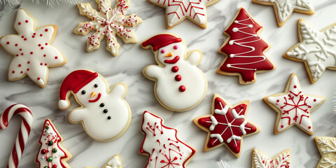 Fototapeta premium Assorted holiday sugar cookies decorated with red and white icing in shapes of snowmen, stars, snowflakes, candy canes and Christmas trees.