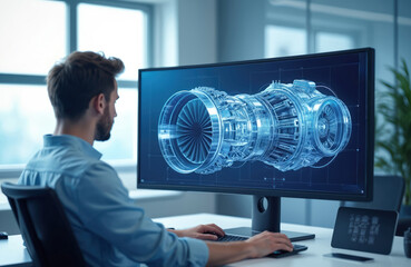 Engineer uses computer for jet engine 3d model design. Man works on aviation project at modern office workplace. Technical drawing displays turbine schematic.