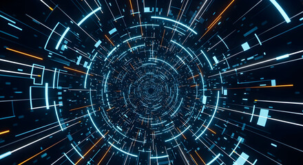 A mesmerizing journey through a futuristic tunnel of glowing blue and orange lights, creating a sense of speed and technological advancement