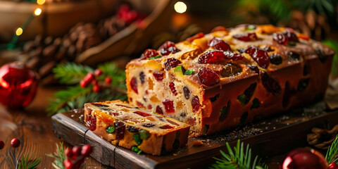 Classic holiday fruitcake with colorful candied fruits and dried berries on a wooden board. Rich festive dessert for Christmas season