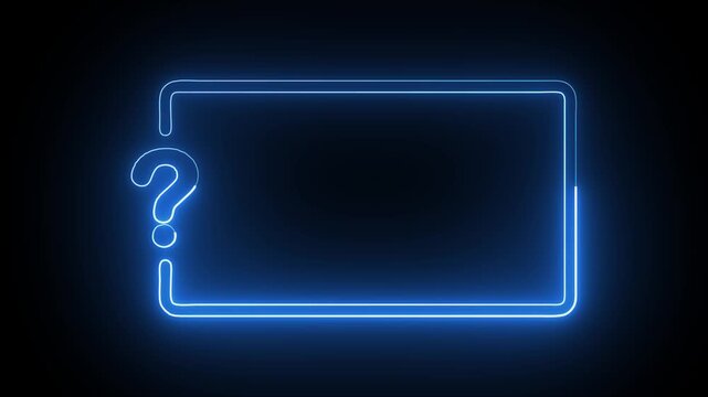 Animated neon glowing frame and question mark blue color icon with 4k video black background