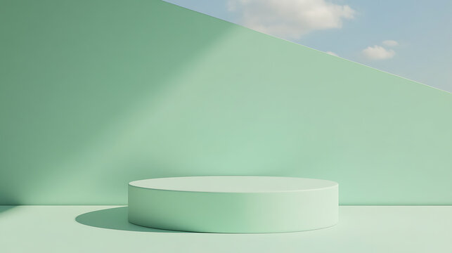 Fototapeta Minimalist product showcase: A round platform stands against a sloping wall, all bathed in a soft, green hue under a serene sky with fluffy clouds above.