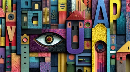 A visually striking abstract composition made of colorful geometric shapes, letters, and stylized architectural elements.