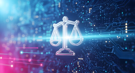 Digital justice scales of justice on a futuristic circuit board background, symbolizing the intersection of law, technology, and artificial intelligence