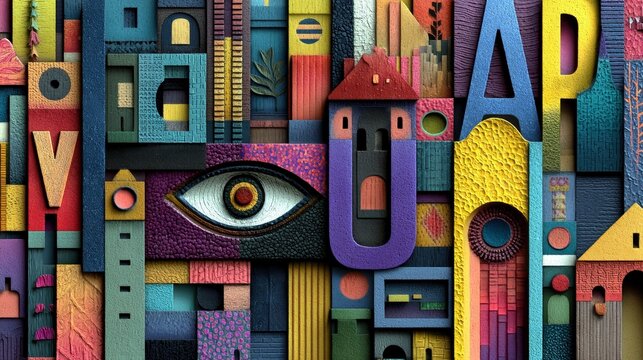 A visually striking abstract composition made of colorful geometric shapes, letters, and stylized architectural elements. - Powered by Adobe