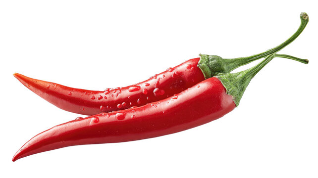 Red hot chili peppers are a spicy, fresh, isolated vegetable and cooking ingredient against a white background