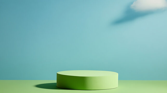 A light green cylinder platform on a green surface, set against a sky-blue background with a cloud above. Simple pastel scene for showcase or display use, under sunlight.