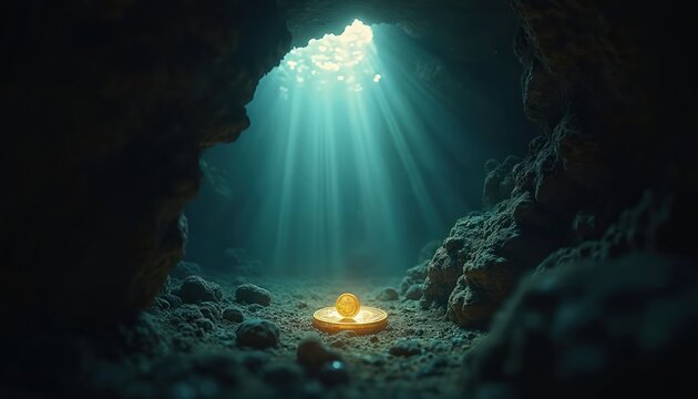 Sunlight beams pierce dark ocean cave illuminating lone gold coin resting on seabed. Mysterious submerged treasure glints on ocean floor in rocks, deep underwater.