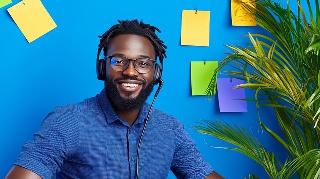 Smiling Black man with dreadlocks wearing glasses and headphones, working in a colorful, vibrant office space.