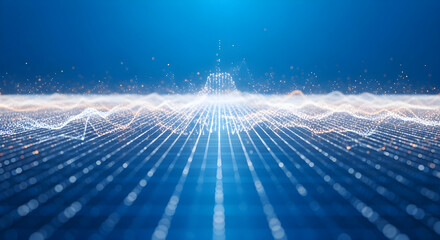 Abstract blue digital data stream and wave particles background, futuristic technology, big data analytics and artificial intelligence concept