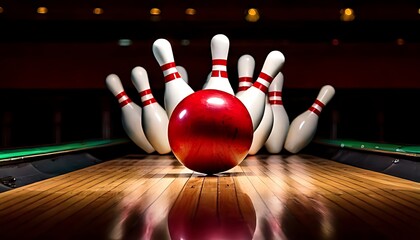 Bowling pins, a wooden bowling alley, a red bowling ball, and a blurry background
